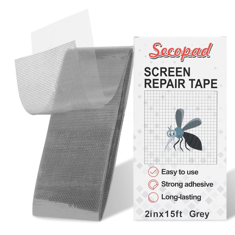 Secopad Grey Screen Repair Tape, 2" X 180" (15FT) Window Screen Door Repair Kit, Strong Adhesive Fiberglass Patch Tape Mesh - Image 1